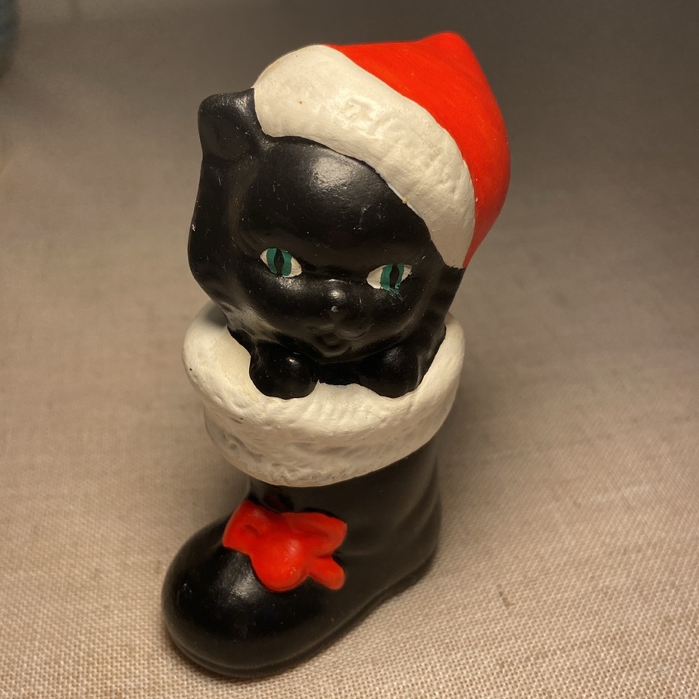 Vintage black cat figurine kitten in  a black boot cat hand painted holiday MCM